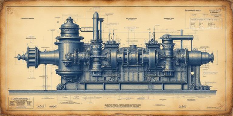 Vintage blueprint of a steam turbine