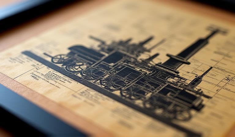 Framed vintage architectural blueprints