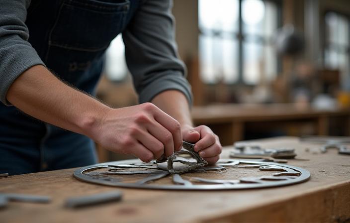 Craftsmen working on industrial wall art at our Brooklyn workshop